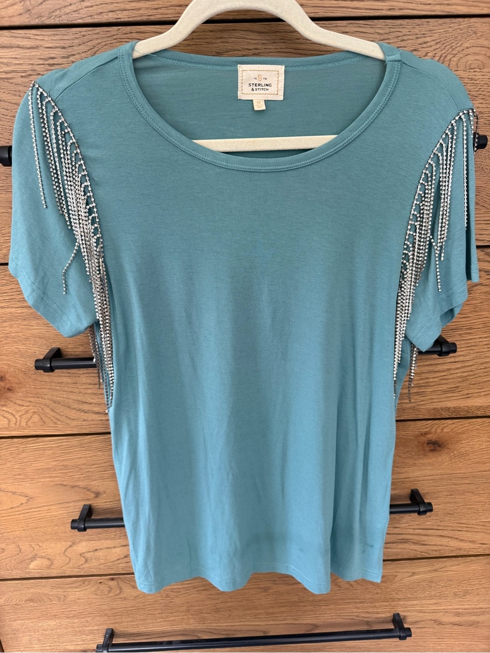 Sterling & Stitch Teal Short-Sleeve Tee with Beaded Fringe